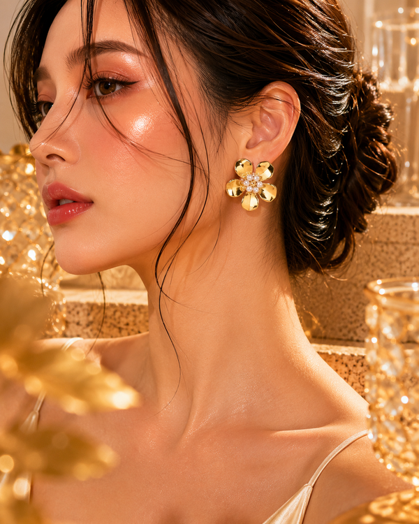 Gold Pearl Bloom Flower Stud Earrings