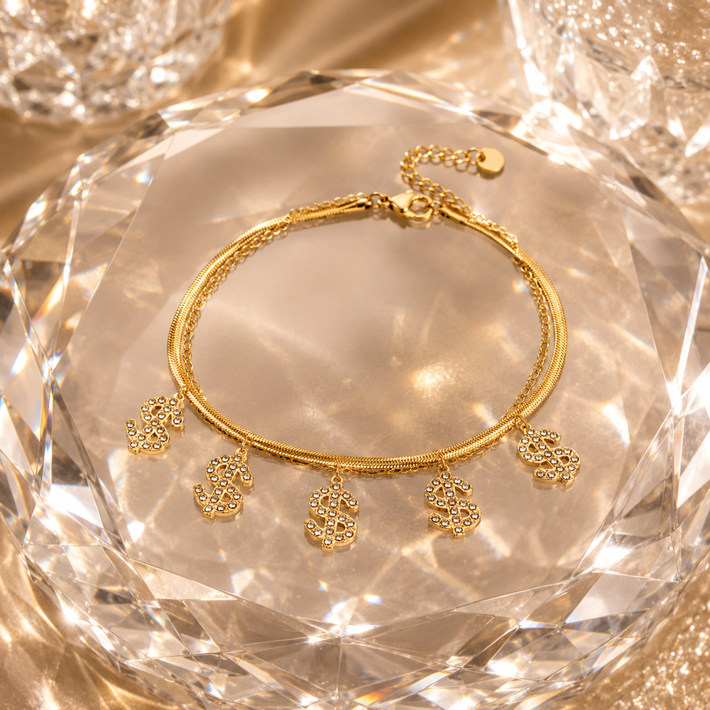 Crystal Dollar Charm Bracelet Gold