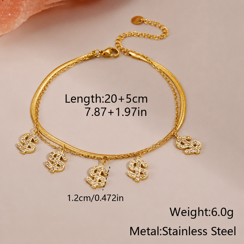 Crystal Dollar Charm Bracelet Gold