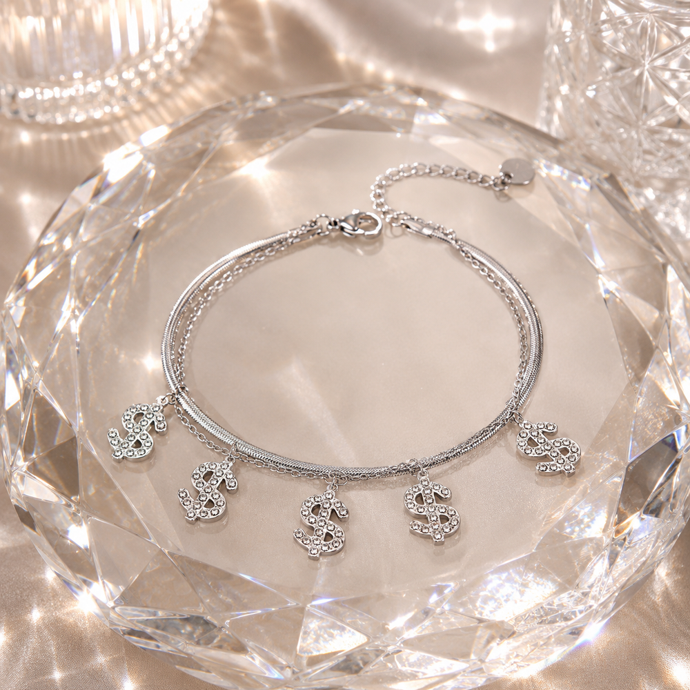 Crystal Dollar Charm Bracelet Silver