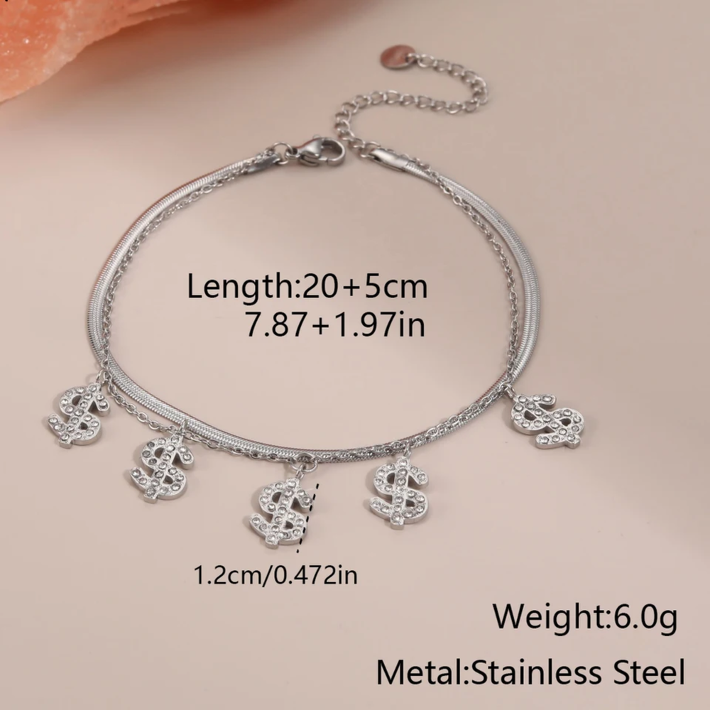 Crystal Dollar Charm Bracelet Silver