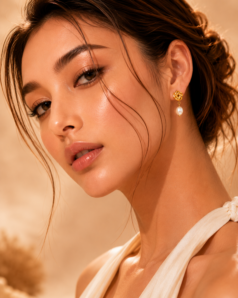 Golden Knot Pearl Earrings