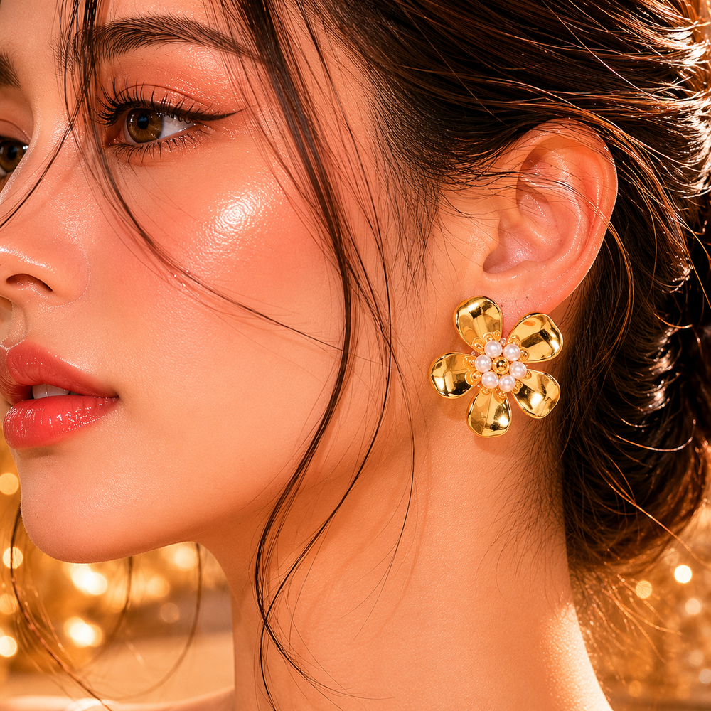 Gold Pearl Bloom Flower Stud Earrings