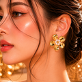 Gold Pearl Bloom Flower Stud Earrings