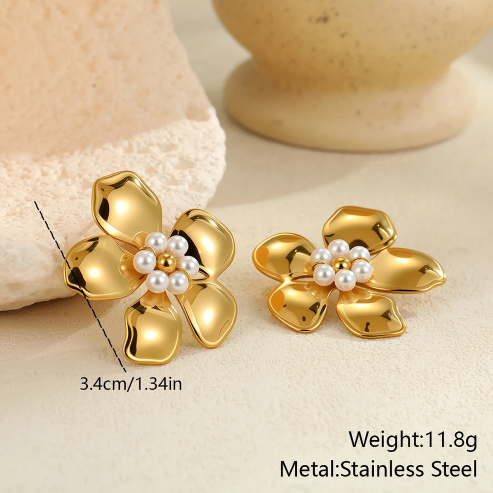 Gold Pearl Bloom Flower Stud Earrings