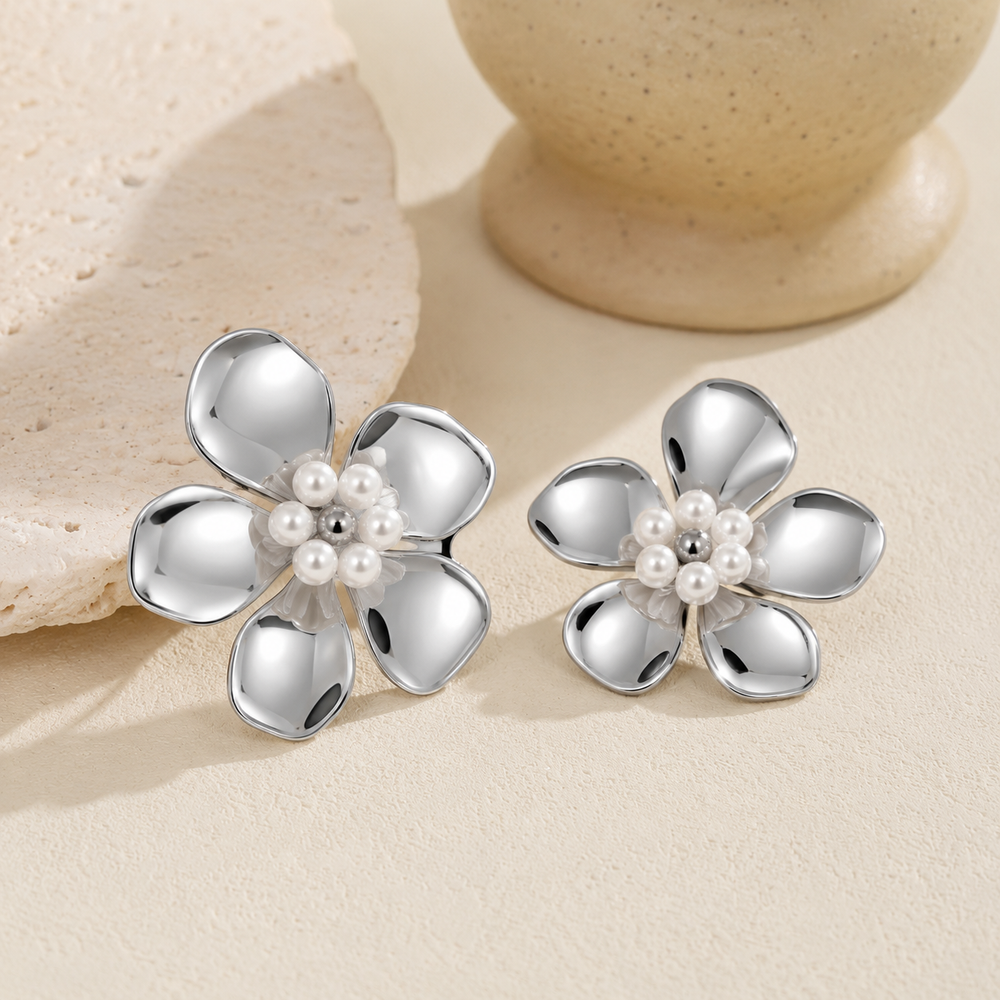 Silver Pearl Bloom Flower Stud Earrings