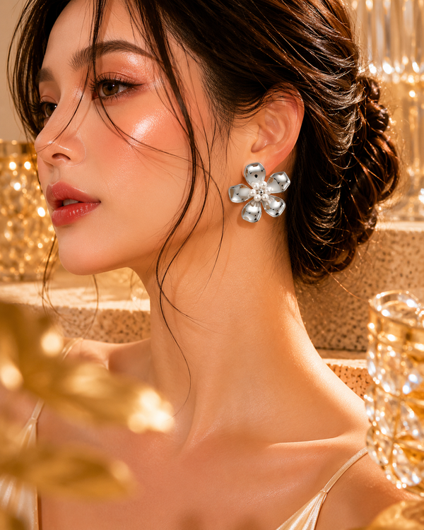 Silver Pearl Bloom Flower Stud Earrings