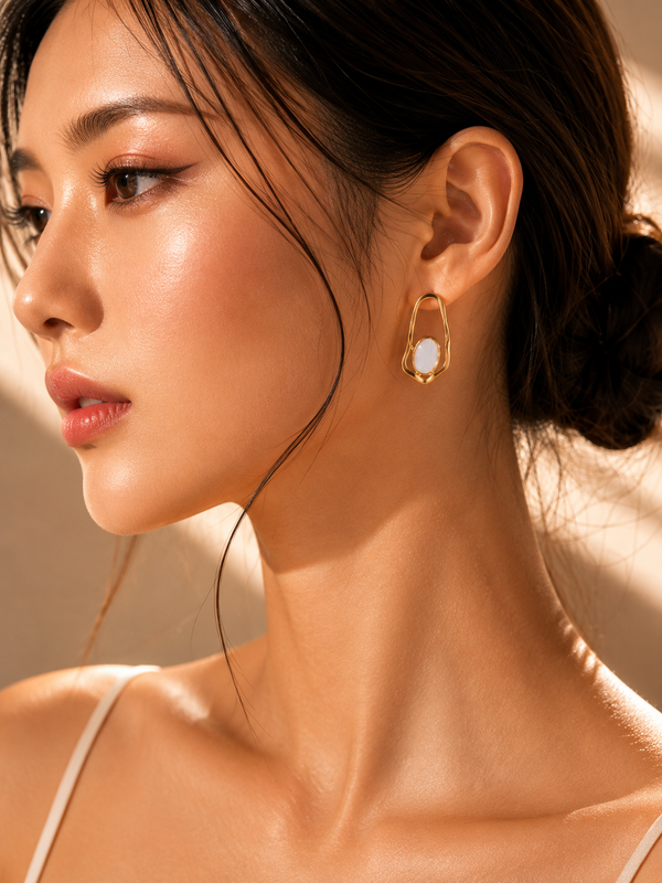 Gold Organic White Stone Statement Earrings