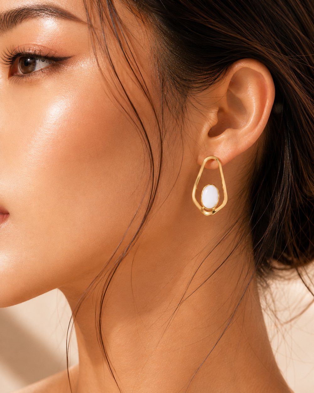 Gold Organic White Stone Statement Earrings