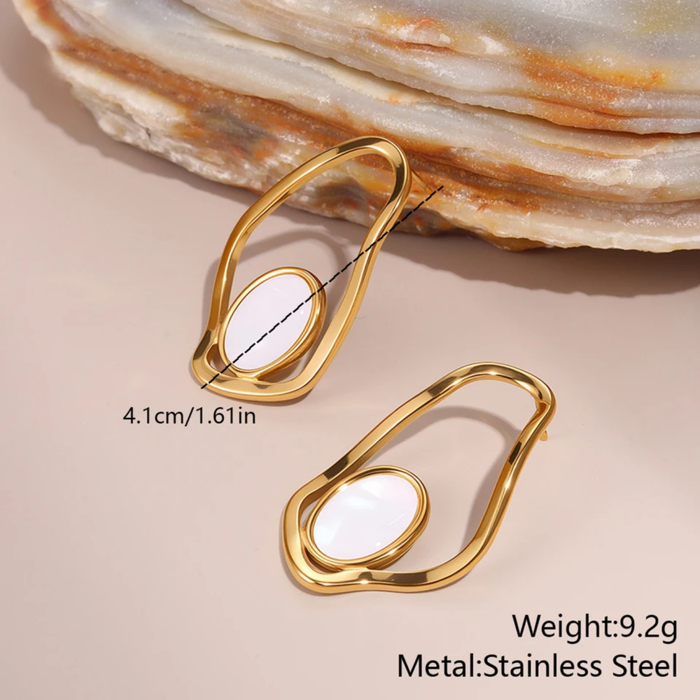 Gold Organic White Stone Statement Earrings