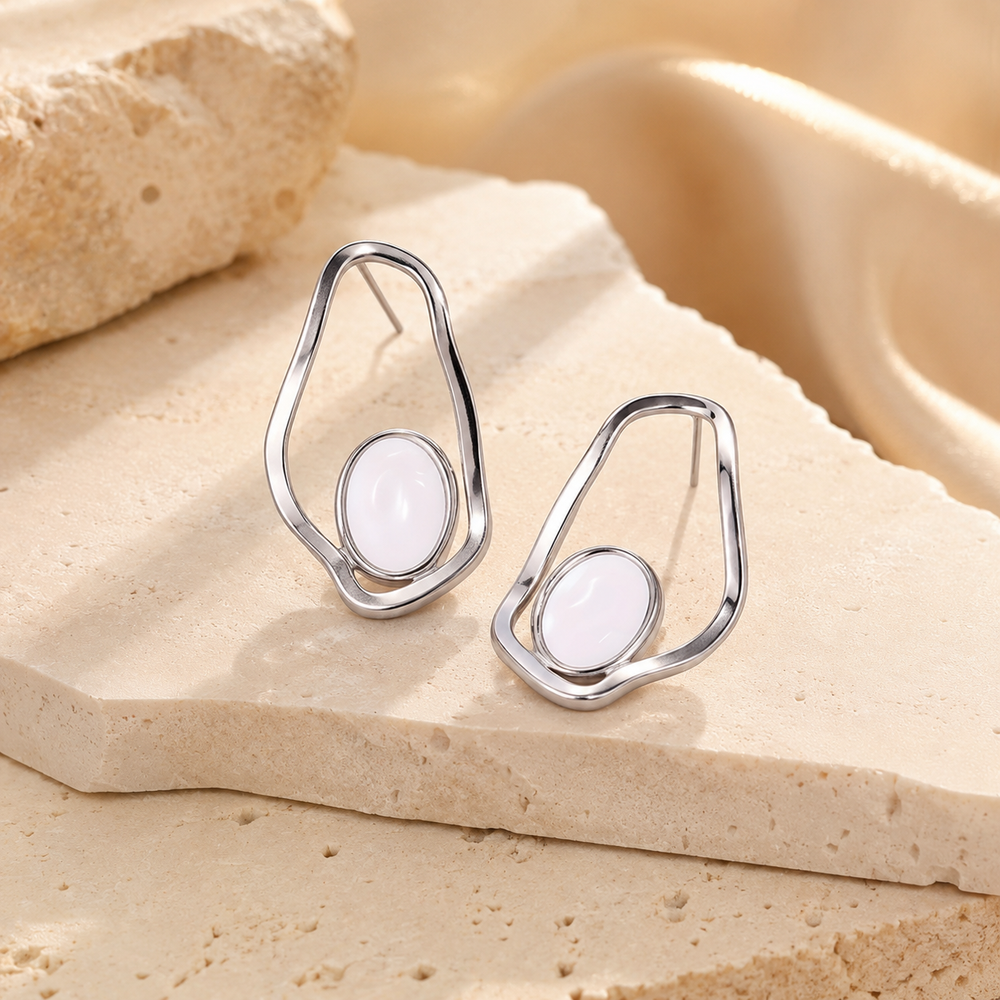 Silver Organic White Stone Statement Earrings