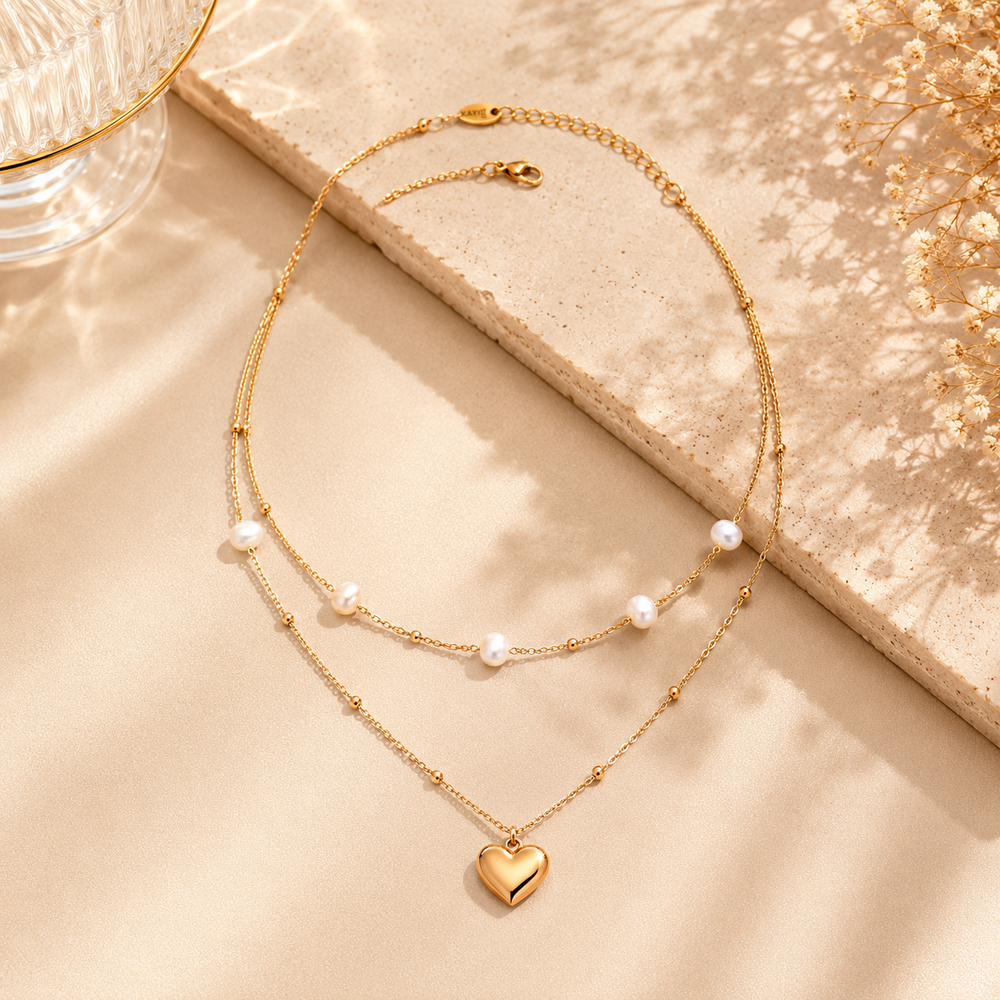 Layered Pearl Heart Necklace